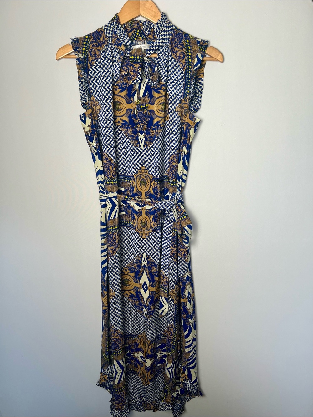 Tyler Böe Women’s 100% Silk Sleeveless Maxi Dress Multi Print Blue W/ Sash XS - Picture 2 of 9